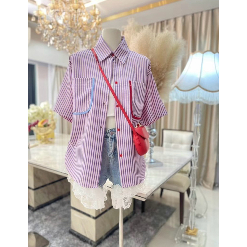 (อก 50“) เสื้อเชิ้ตลายริ้ว แขนสั้น (กระเป๋าคู่หน้า) 🌈 สีสัน สดใส Over size"