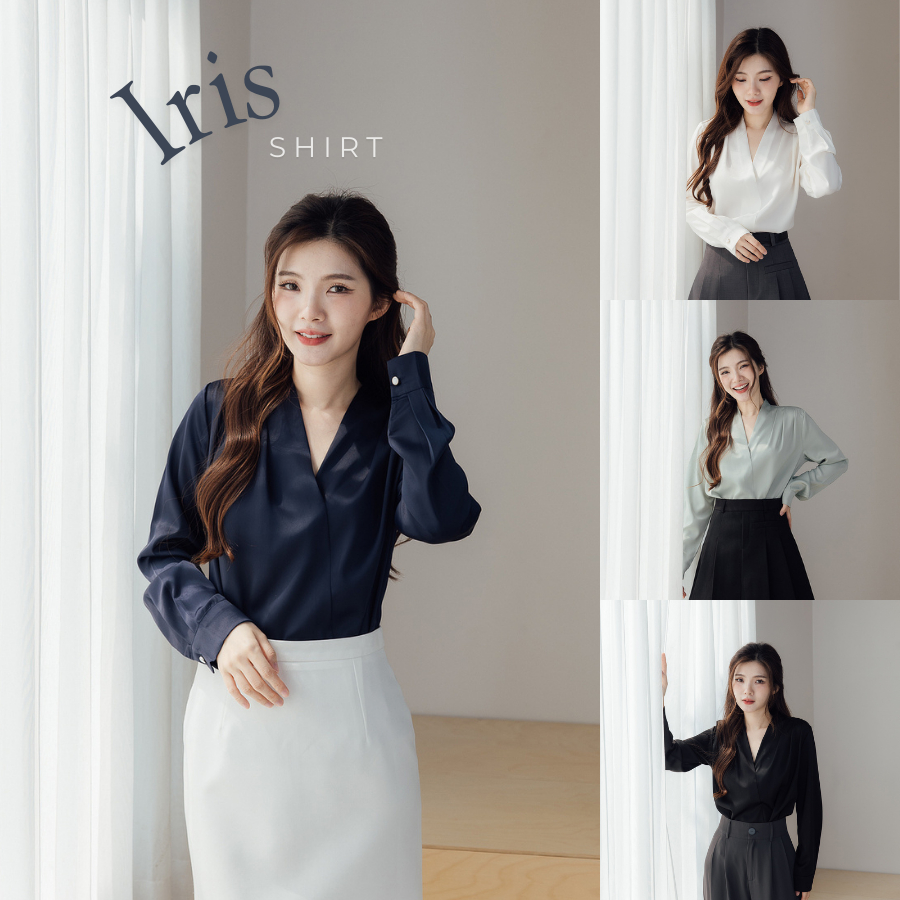 Onceandtwice | Iris Shirt เสื้อเชิ้ตแขนยาว คอวี เสื้อเชิ้ตผู้หญิงใส่ทำงาน แต่งจีบหัวไหล่ ผ้าซาตินเนื้อนุ่ม