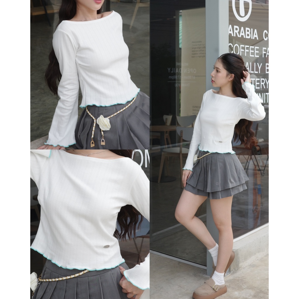 LIBONY | Fluffy Roll Top เสื้อปาดไหล่ แขนกระดิ่ง - รูปที่ 5