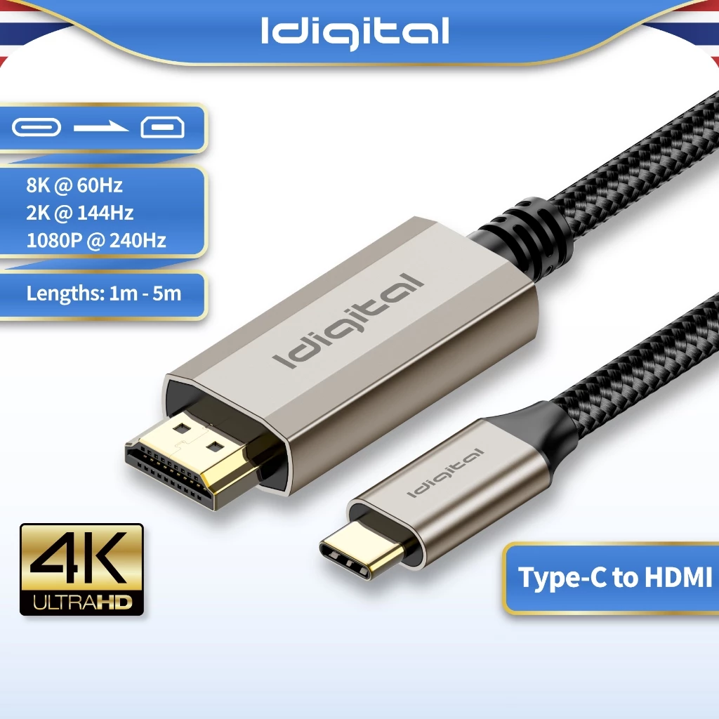 Idigital สาย USB C Type C to HDMI Cable, 4K 60Hz, 2K 144Hz, 1080P 240Hz, 1m-3m, For Laptop, Macbook, สมาร์ทโฟน, แท็บเล็ต