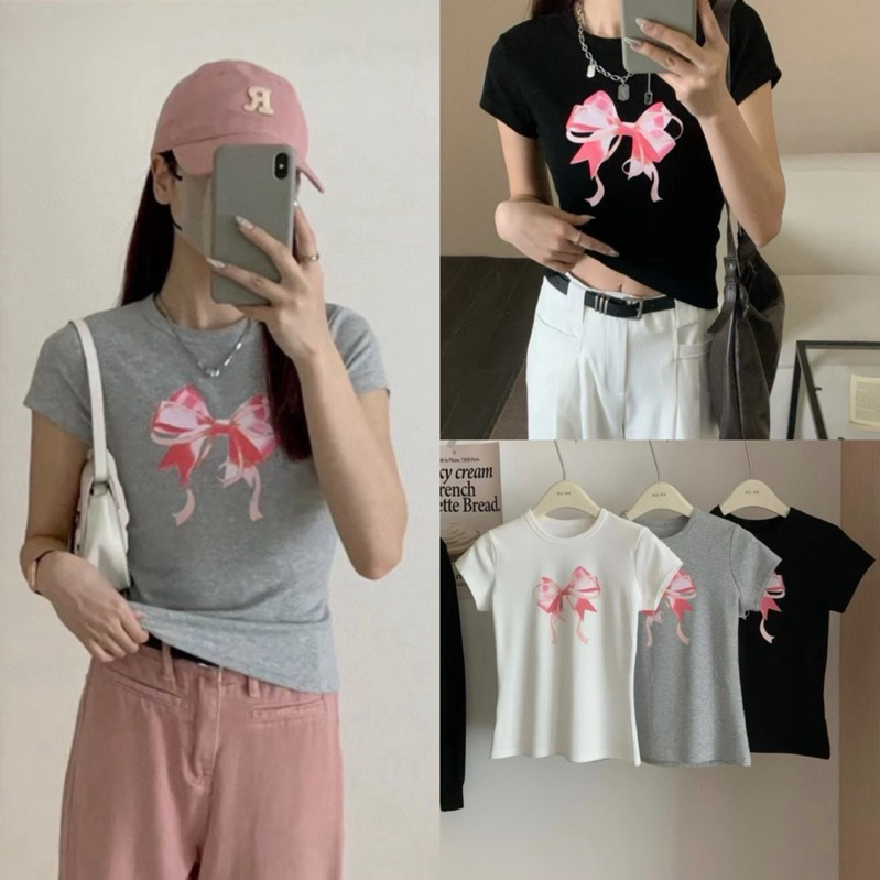 (พร้อมส่ง) เสื้อยืดสกรีนลายโบว์ช่วงอกรุ่น 7992 TAG WG.WE