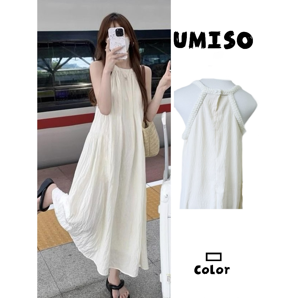 UMISO พร้อมส่ง ชุดเดรสยาว เดรสแขนกุด เนื้อผ้าใส่สบาย ชุดเที่ยวทะเล เดรสทรงหลวม  เดรสคอกลม