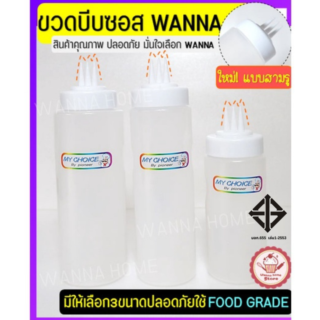 🔥ส่งฟรี🔥 ขวดบีบซอส 3 รู  wannahome มี3ขนาด ขวดใส่น้ำเชื่อม  ขวดบีบนมข้น ขวดบีบนมข้นหวาน ขวดซอส ขวดบีบมายองเนส ขวดใส่ซอส