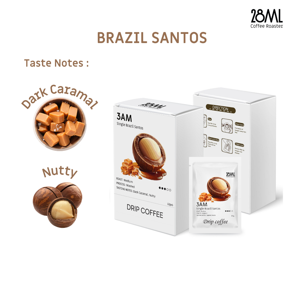 กาแฟดริป คั่วกลาง 28ml Single Brazil Santos หอมเข้ม นุ่มละมุน จากบราซิล|รสชาติดาร์กช็อกโกแลต วานิลลา |ขนาด 12gx5ซอง