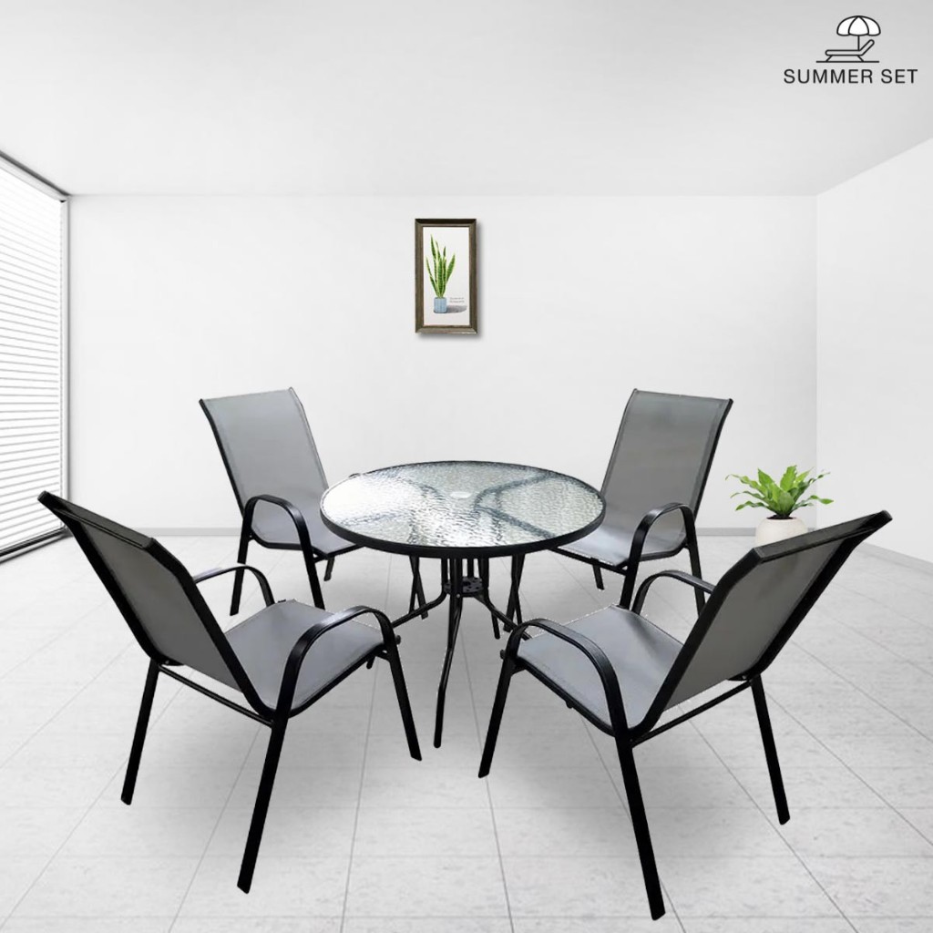 (1/2)SUMMER SET ชุดโต๊ะสนาม 4 ที่นั่ง รุ่น Sunshine ขนาด : โต๊ะ 90x90x70 ซม. เก้าอี้  55x70x90 สีดำ