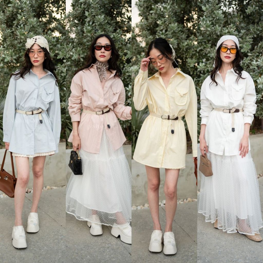 พร้อมส่ง  	เชิ้ตแขนยาวผ้าพื้นกระเป๋าอก+เข็มขัด งานป้าย Vshopbrand