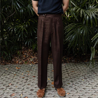 TOFFY & BROWN / REVERSE DOUBLE PLEATED LINEN TROUSERS กางเกงลินินทรงกระบอกตรงเอวสูง