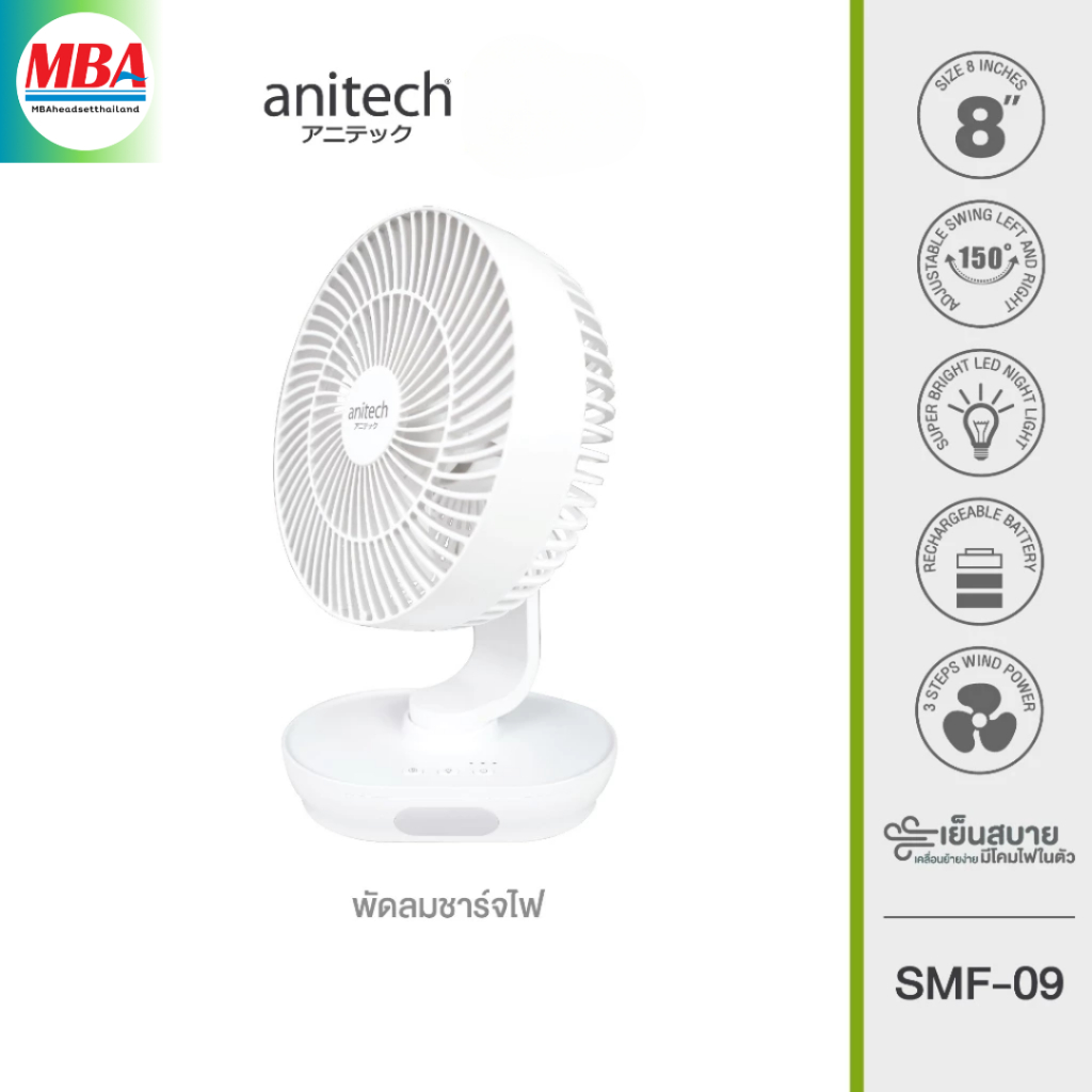 Anitech พัดลมชาร์จไฟ รุ่น SMF-09 ปรับระดับแรงลมได้ 3 ปรับส่าย ซ้าย-ขวาได้สูงสุด 150 องศา