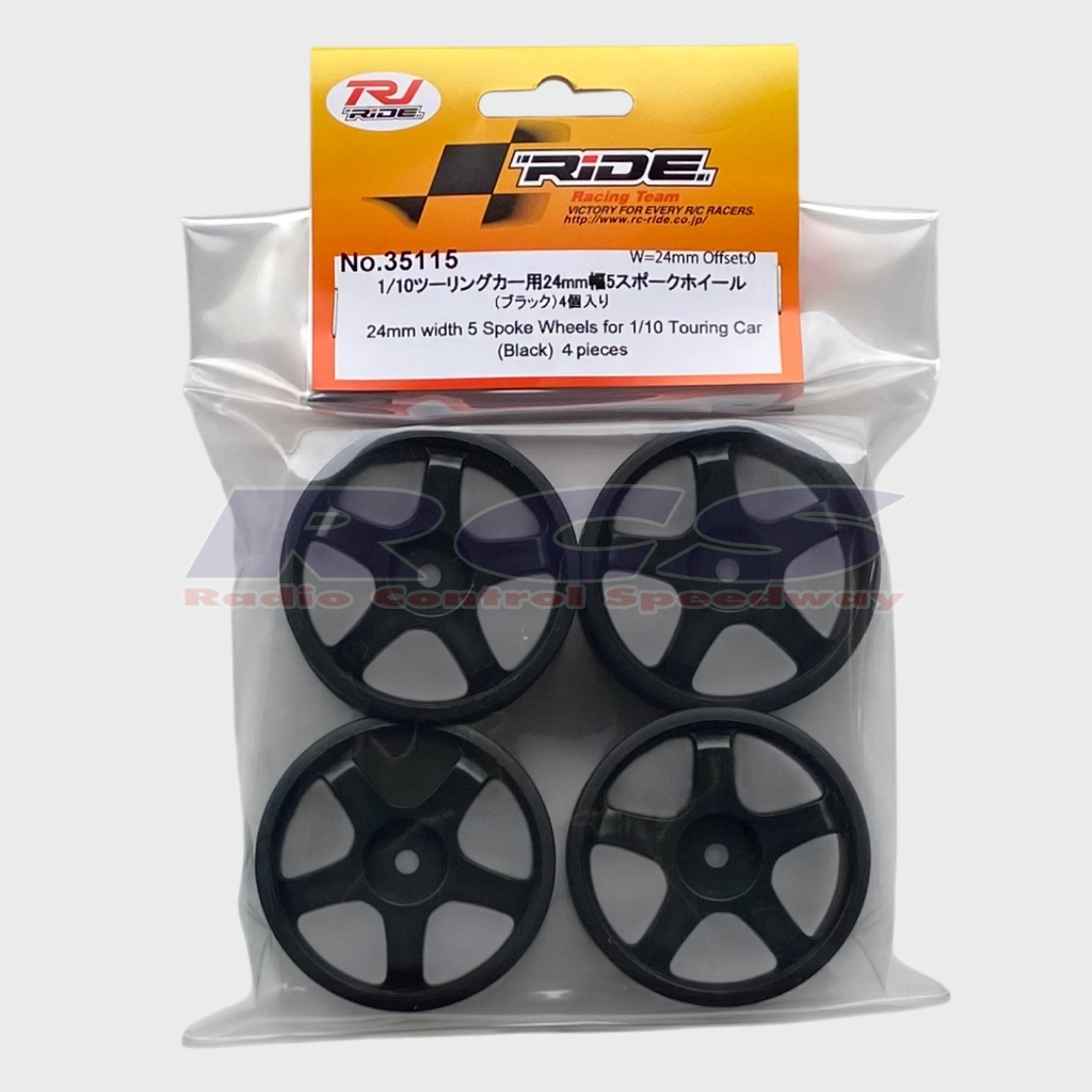 RJ-RIDE 35115 1/10 Touring Car 24mm 5 Spoke Wheel (BLACK) 4pcs.