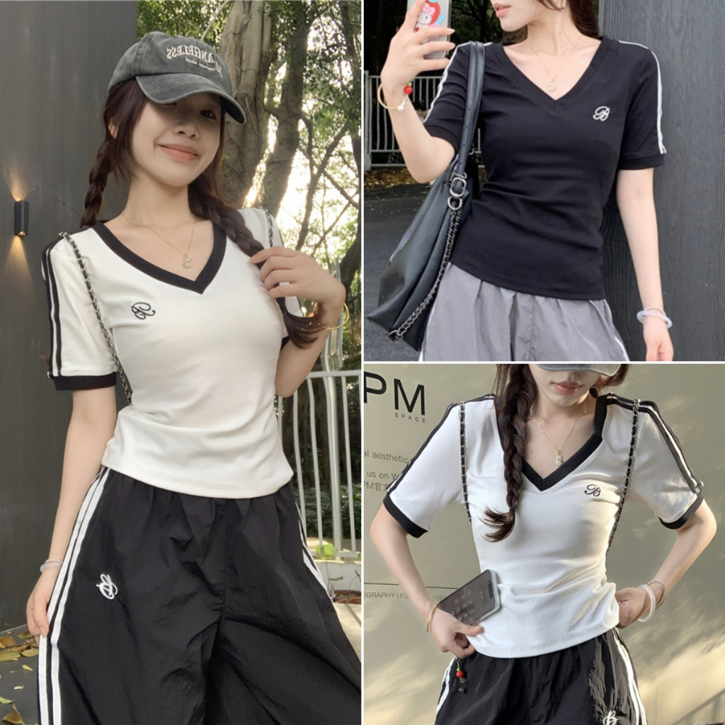 cherryshop🍒พร้อมส่ง เสื้อคอวีแขนสั้น เสื้อยืดแฟชั่นผู้หญิง สไตล์เกาหลี สบายๆ และอเนกประสงค์ ความเรียบง่าย