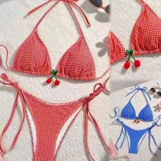 🌸Swift Bra🌸บิกินี่ 2 ชิ้น sexy bikini รูปแบบกริด จี้เชอร์รี่สุดน่ารัก แฟชั่น โชว์หลัง มีฟองน้ำ