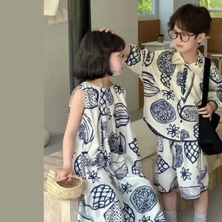 Beryl kids🌸เสื้อผ้าเด็กพี่ชายและน้องสาวฤดูร้อน🎀เสื้อเชิ้ตกางเกงขาสั้น ชุดดอกไม้สไตล์เกาหลี เดรสเด็กผู้หญิงลำลองและแฟชั่น