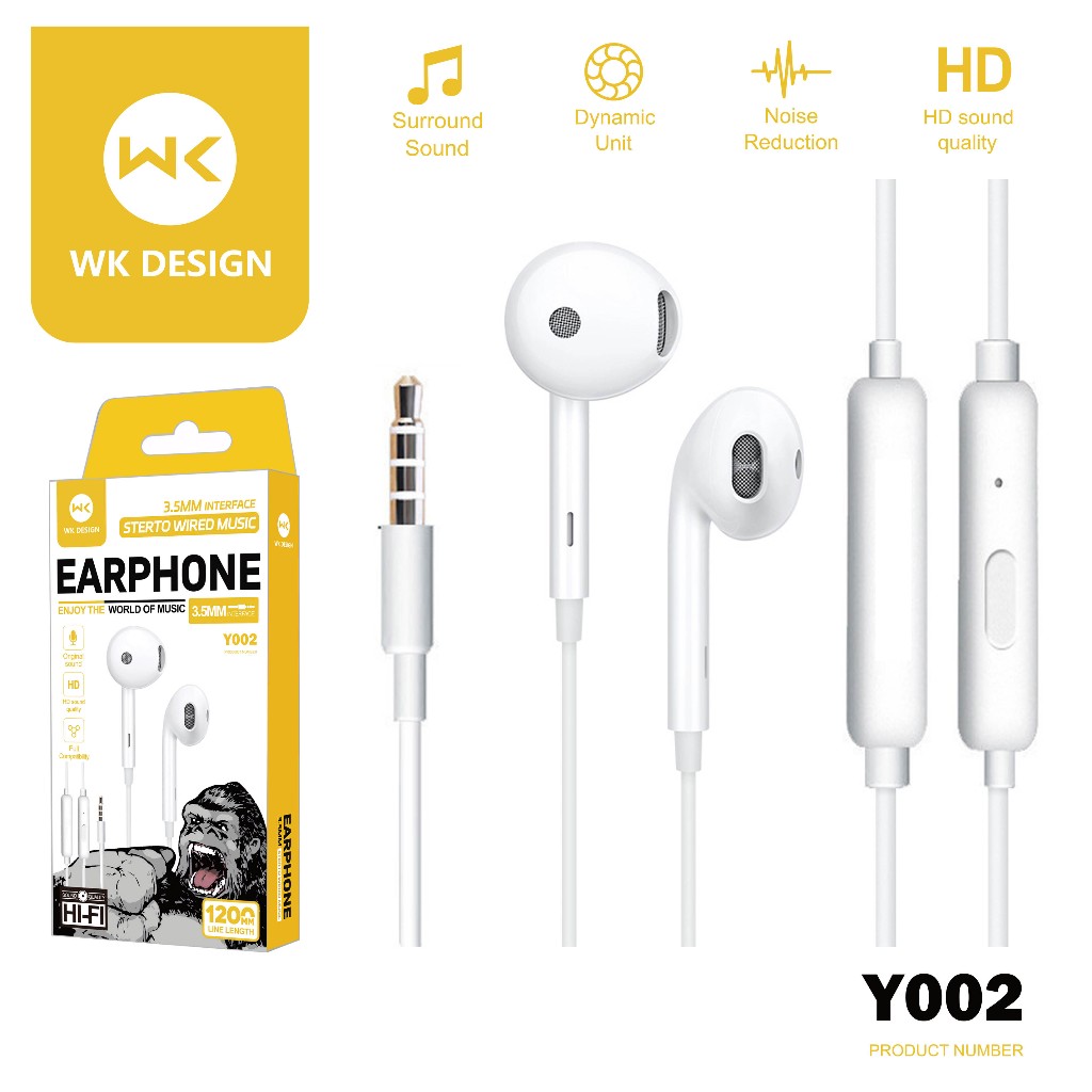 WK หูฟัง KINGKONG 3.5mm Y002 โทรชัดเจน เบสหนัก เสียงดีมากครับ สำหรับ ios Android pc （รับประกัน 1 ปี）