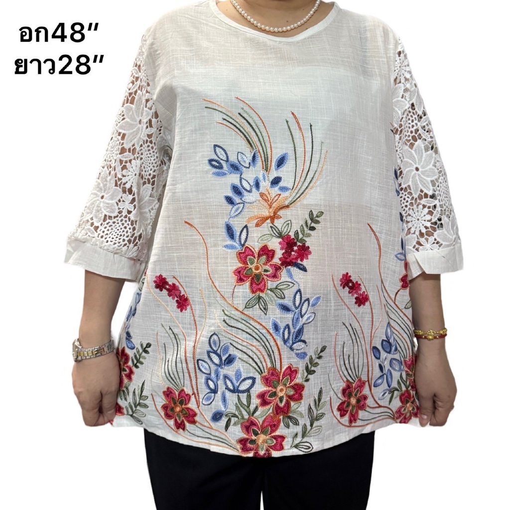 อก48 เสื้อปักลายดอกผ้าฝ้าย แขนลูกไม้ เสื้อคอกลมงานปัก