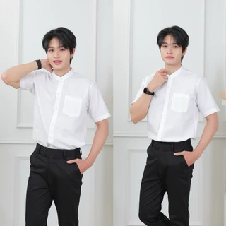 เสื้อนักศึกษาแขนสั้นชาย[คอปก/คอจีน]รอบอก”36-56”(ผ้าคอมทวิว/ผ้าไมโคร)สีขาวนวล/สีขาวสว่าง