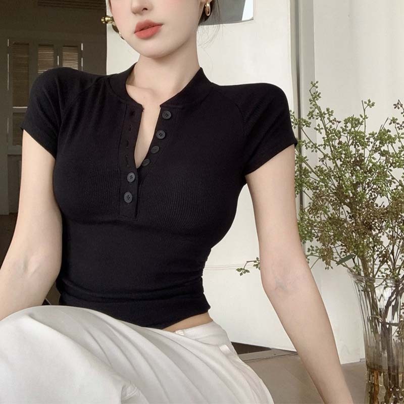 ❤️จัดส่ง 24 ชม❤️ เกลียว ปุ่ม แขนสั้น เสื้อยืด ผู้หญิง ทรงเข้ารูป มีจีบ สั้น เสื้อด้านล่าง ด้านบน DL - รูปที่ 4