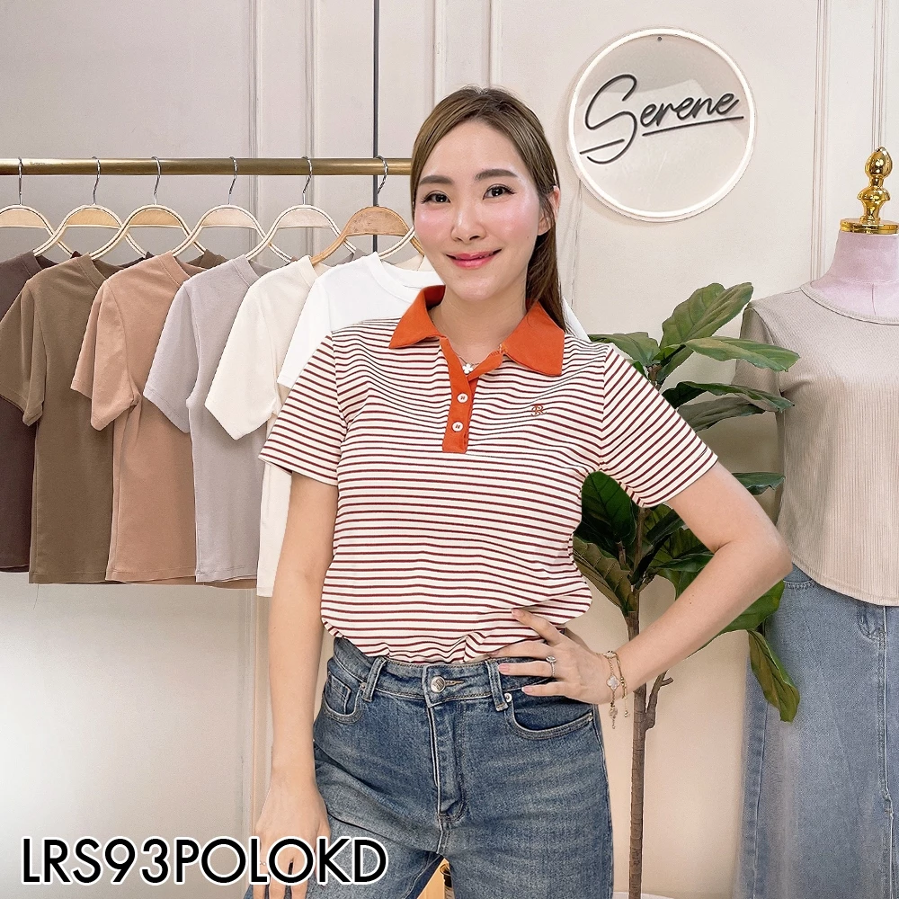 Serene's Choice เสื้อคอโปโลกระดุม ผ้าร่องลายทาง แต่งทูโทน ปักโลโก้ 34/38/42 นิ้ว Short Sleeve Polo Shirt