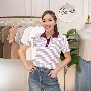 Serene's Choice เสื้อคอโปโลกระดุม ผ้าร่องลายทาง แต่งทูโทน ปักโลโก้ 34/38/42 นิ้ว Short Sleeve Polo Shirt