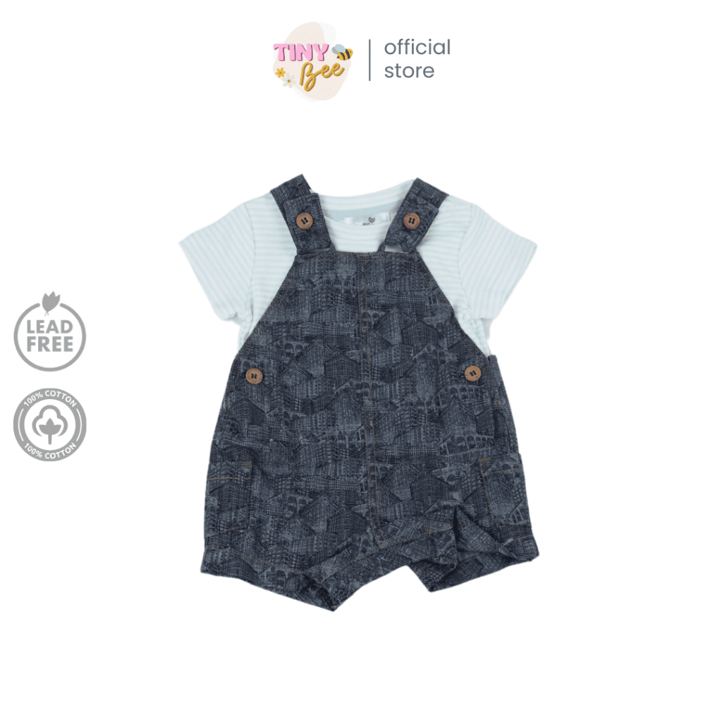TinyBee เซ็ต 2 ชิ้น เอี๊ยมยีนส์และเสื้อยืดผ้าฝ้าย เอี๊ยมเด็ก ชุดหน้าร้อนเด็ก อายุ 3-24 เดือน