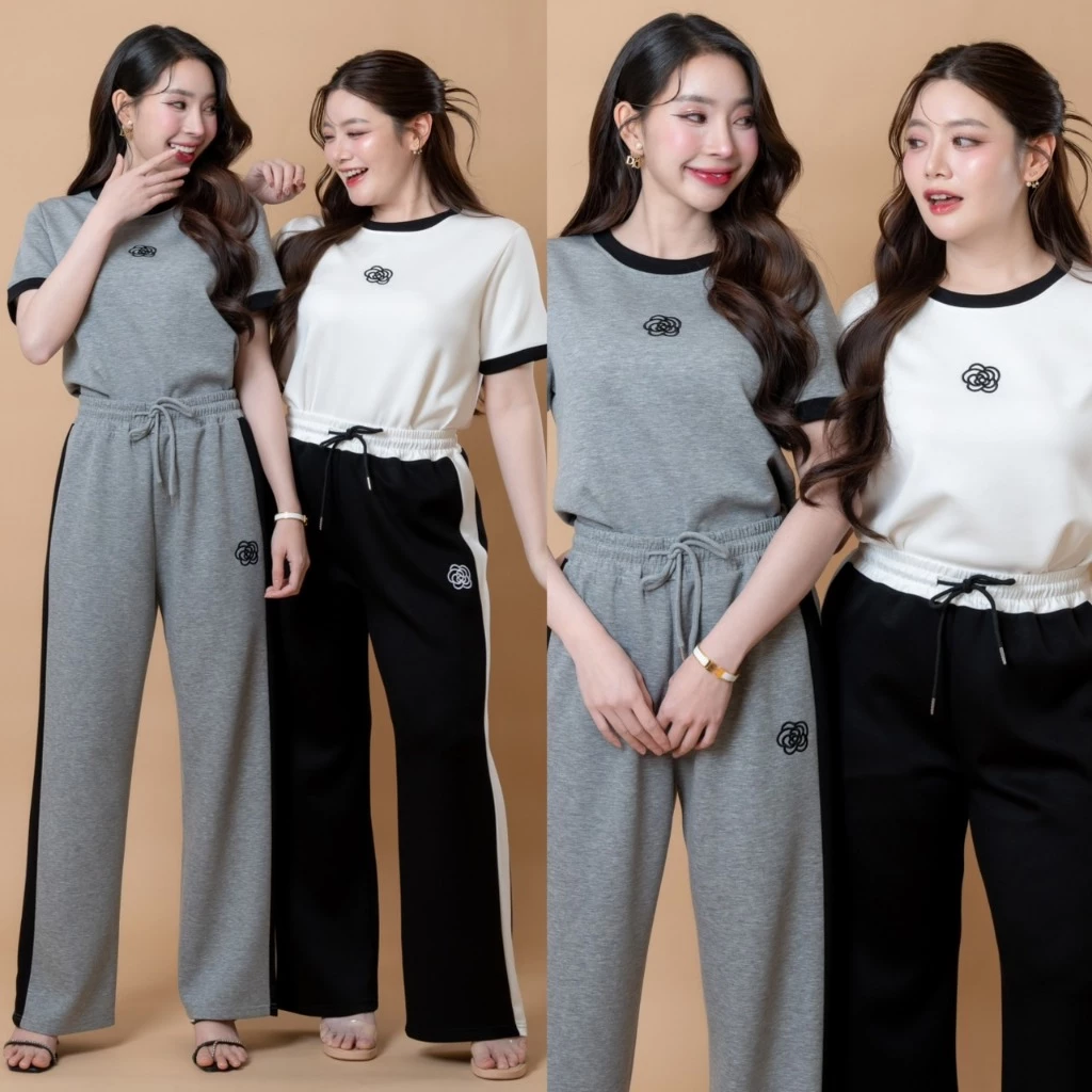 Thealner - Camellia mode  AN351  (เซตเสื้อขาวแต่งแถบดำปักดอก กางเกงวอมขายาว) thumbnail 5