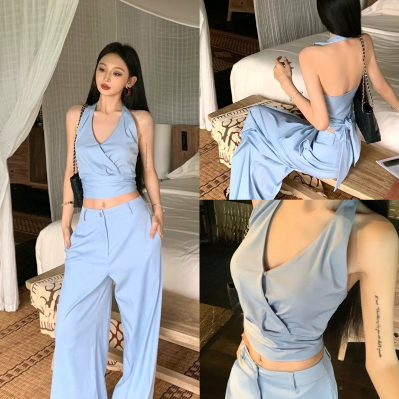 743# Set 2 pcs เสื้อคล้องคอ  งานซิปข้าง มีเชือกผูกเอว  + กางเกงขายาวเนื้อผ้าดี มีกระเป๋าล้วงข้าง ทรง