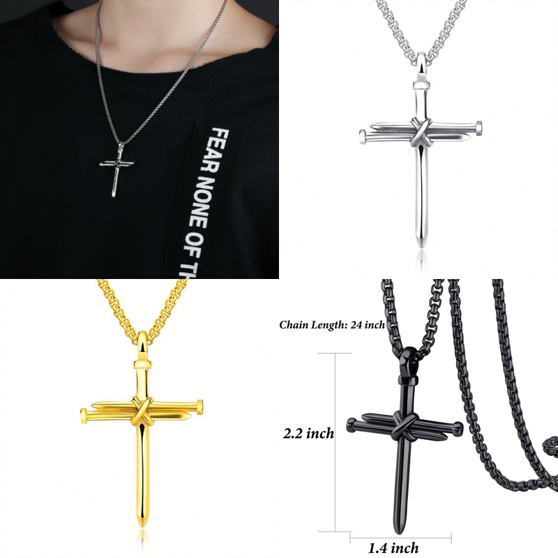 สร้อยคอ พร้อมจี้ ไม้กางเขน Steel Cross Necklace Classic Simple Versatile Stainless Steel Nail Pendant