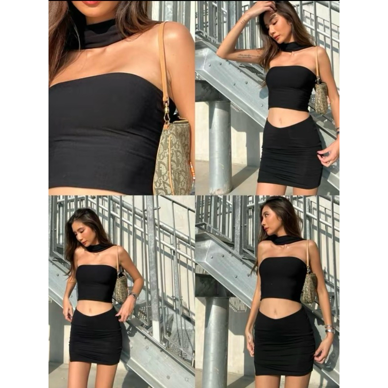 ส่งต่อ Atipaเกาะอกพันคอ  สีดำ เสื้อครอปเกาะอก