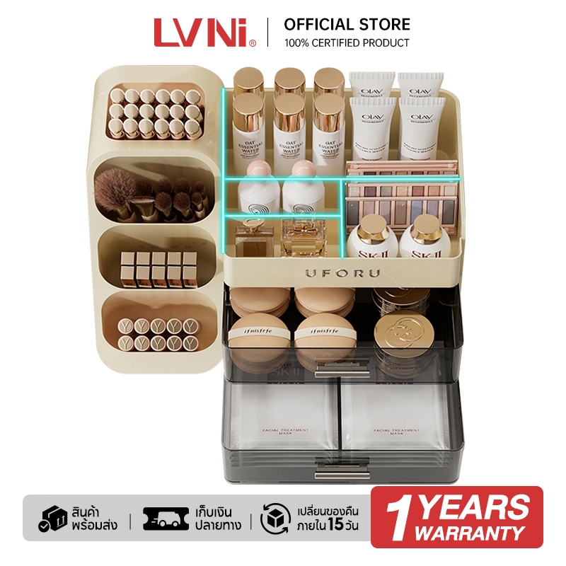 LVNI กล่องเก็บเครื่องสำอาง กันฝุ่น กันความชื้น ความจุขนาดใหญ่ กล่องเก็บของอเนกประสงค์ พร้อมลิ้นชัก