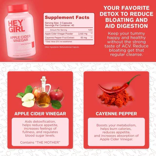 Apple cider vinegar Hey girl ปริมาณ 2160mg ขนาด 120แคปซูล
