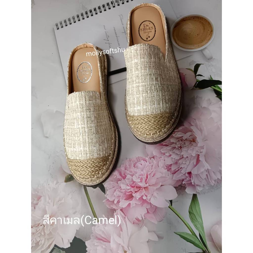 แนะนำ+1ไซด์ รองเท้าแตะเปิดส้นผ้าทวิต de shoes เย็บขอบเชือกปอพื้นด้านล่างเป็นยางซิลิโคนหนาอย่างดีไม่ลื่น เดินสบาย 680312
