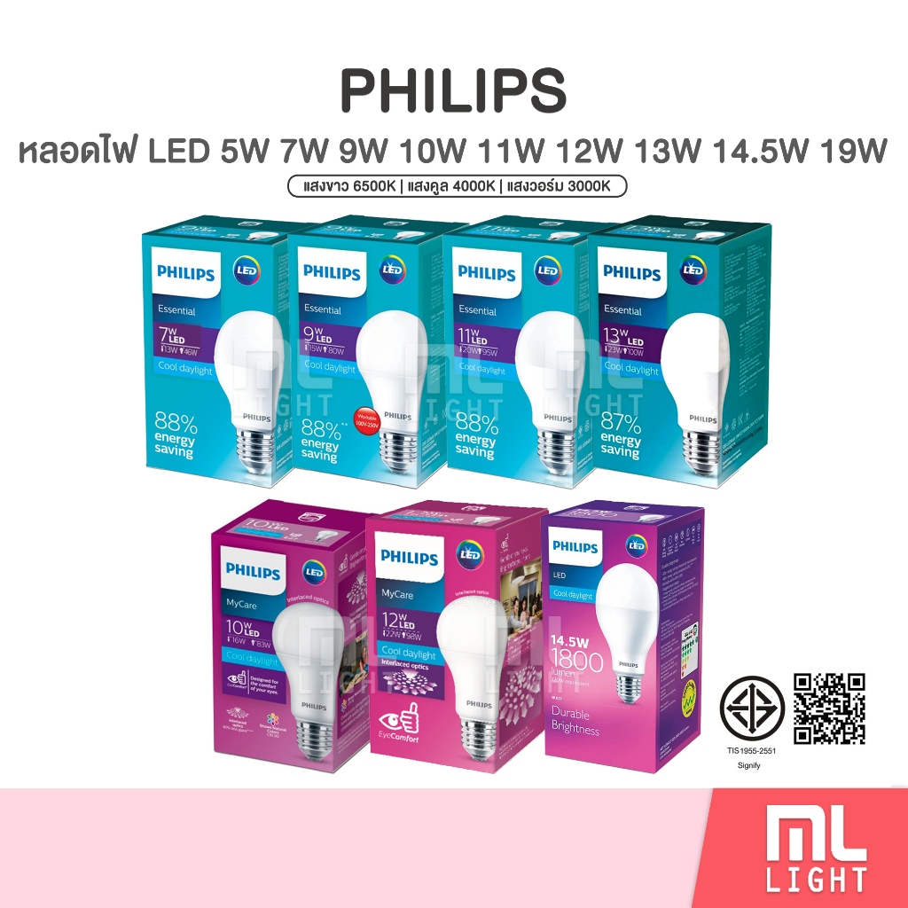 Philips หลอดไฟ LED 5W 7W 9W 11W 10W 12W 13W 14.5W ขั้วหลอดไฟ E27 Light Bulb