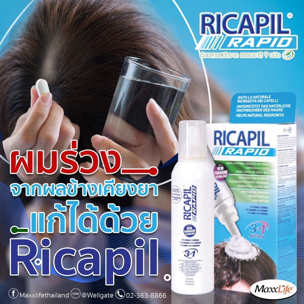 มูสกระตุ้นผมเกิดใหม่ 3-in-1 หยุดผมร่วง ผมหนาขึ้น จากงานวิจัยอิตาลี Maxxlife Ricapil Rapid 200ml