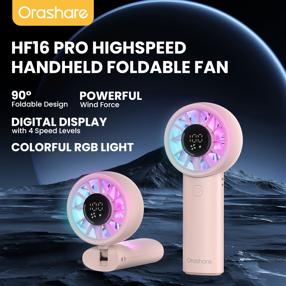 Orashare HF16 Pro พัดลมพกพาพัดลมมือถือพับได้ความเร็วสูงพร้อมไฟ RGB พัดลมมินิแบบชาร์จไฟได้ 4000mAhใช้