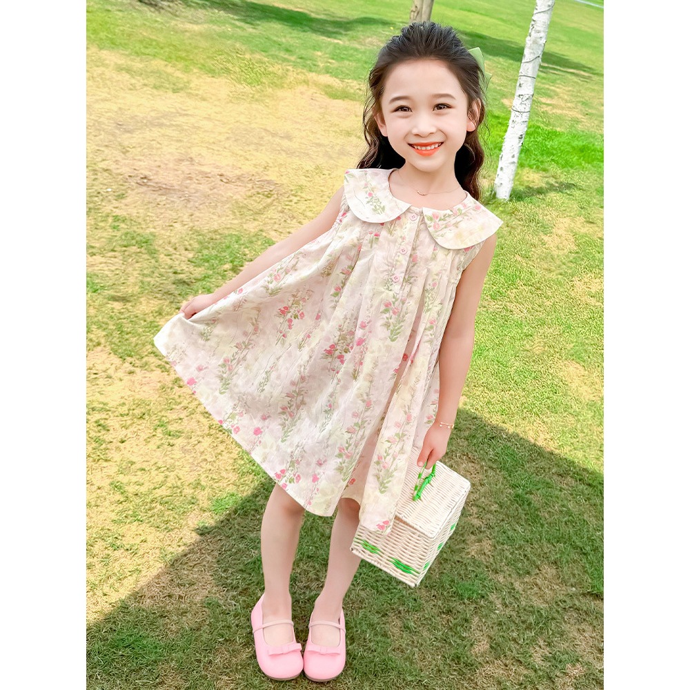 ชุดเสื้อผ้าเด็กผู้หญิง  เสือผ้าฤดูร้อน กระโปรงลายดอกไม้ เจ้าหญิงกระโปรงแขนกุด  ฤดูกาล ใหม่ สไตล์อภิบาล ระบายอากาศไ้ด้ดี