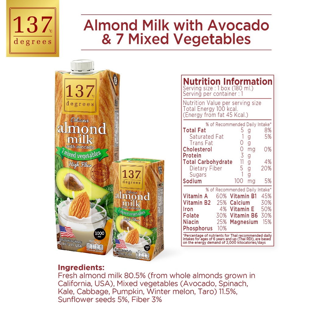 (แพ็คคู่) 137 ดีกรี นมอัลมอนด์สูตรอโวคาโดและผักรวม 7 ชนิด 180 ml x 6 กล่อง (Almond Milk with Avocado 137 Degrees Brand) - รูปที่ 3