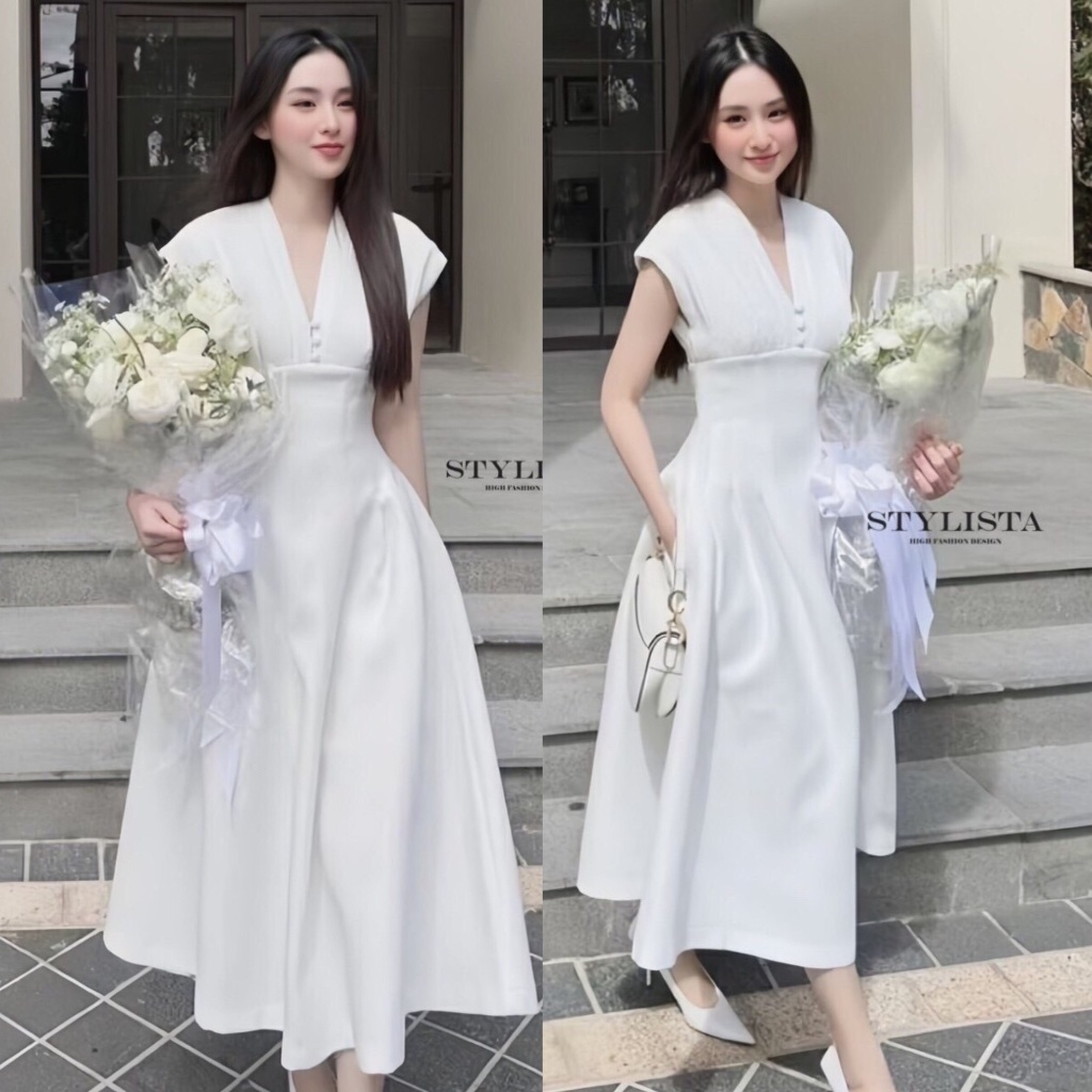 🚩ร้านโค้ดคุ้ม🚩 Stylista 149 เดรสสีขาว คอวี เเต่งกระดุมหน้า ใส่ออกงาน งานบุญ งานบวช แฟนนาค