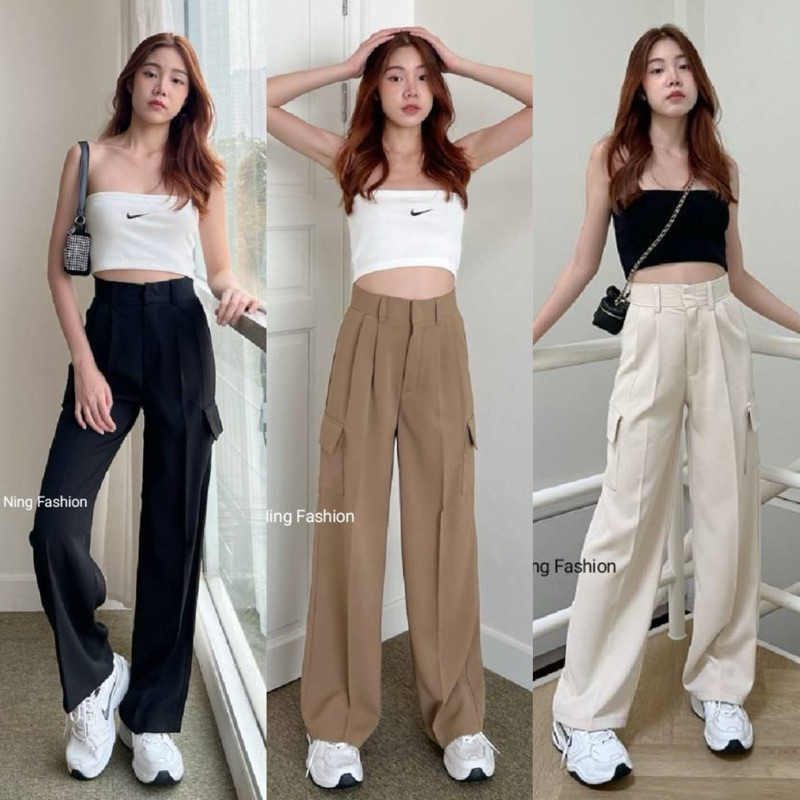 🚨New กางเกงขากระบอก เอวสูง รุ่นคาร์โก้ ผ้าเบลล่า  นิ่มลื่นทิ้งตัวทรงสวยใส่สบาย(พร้อมส่งจ้าา)