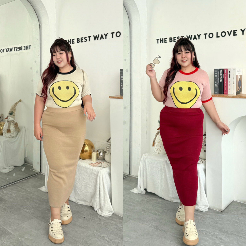 🌈SpinnyHouse🌈ชุดเซ็ต2ชิ้น ผ้าไหมพรมยืดตามตัว เสื้อคอกลมแขนสั้น + กระโปรงยางยืดทรงถ่วงยาว รุ่น ประหยัด
