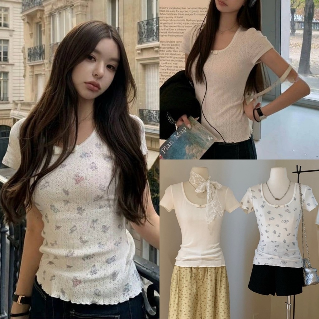 🧡🧵 🇰🇷 W5040 เสื้อแขนสั้น ผ้ายืด แต่งโบว์อก ยืดหยุ่นได้ งานสวย ทรงน่ารัก แฟชั่นเกาหลี TAG WG.WE 🧵🧡