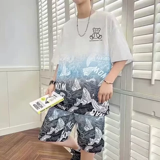 แฟชั่น ฤดูร้อน เสื้อยืดคอกลมผู้ชาย กางเกงขาสั้น ชุดเซ็ตกีฬา Unisex ใส่ได้ทั้งชายและหญิง ใส่สบาย พร้อมส่ง
