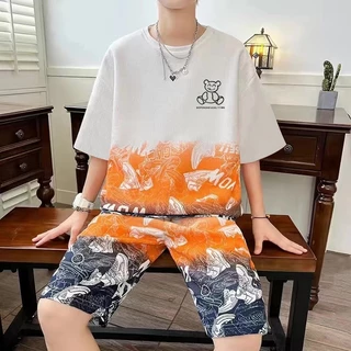 แฟชั่น ฤดูร้อน เสื้อยืดคอกลมผู้ชาย กางเกงขาสั้น ชุดเซ็ตกีฬา Unisex ใส่ได้ทั้งชายและหญิง ใส่สบาย พร้อมส่ง