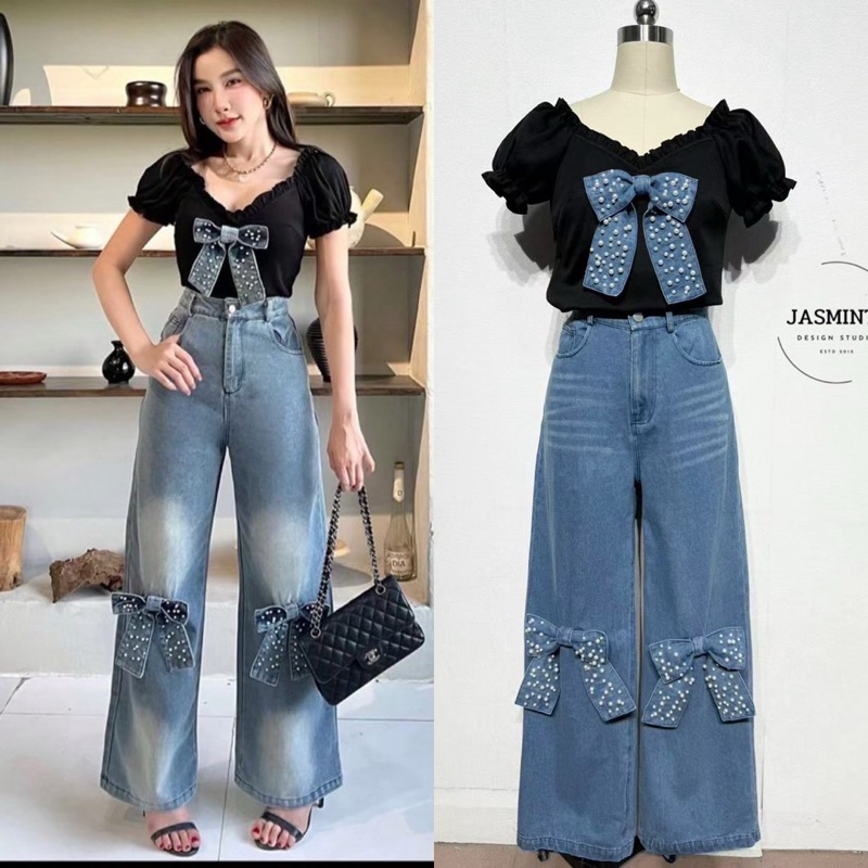 (s,m) ชุดยีนส์ เสื้อแขนตุ๊กตา แต่งโบว์มุก+กางเกงยีนส์เอวสูง งานป้าย jusmint