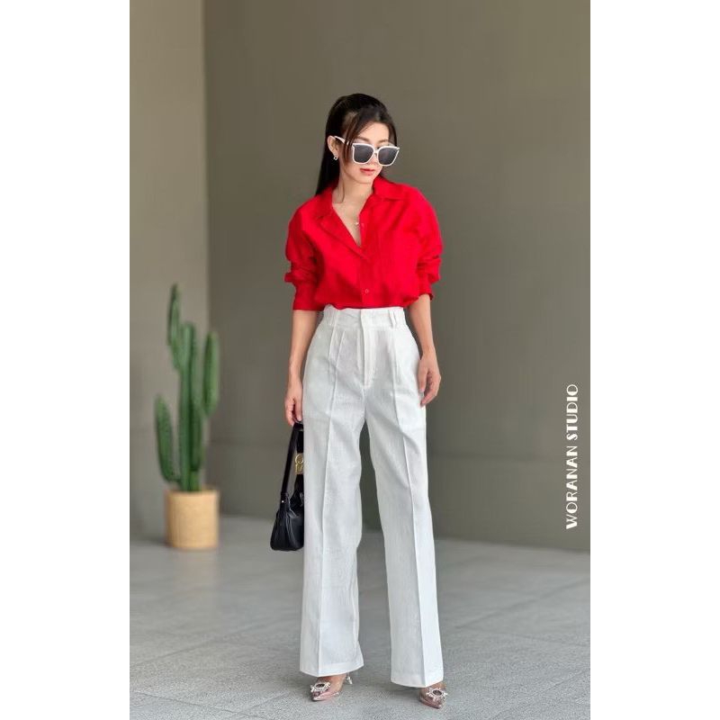 กางเกงผ้าลินินทรงขากระบอกกลางเอวสูงหูเข็มขัดคู่เก็บทรงเอวคอดสวยเป๊ะS-3XL - รูปที่ 7