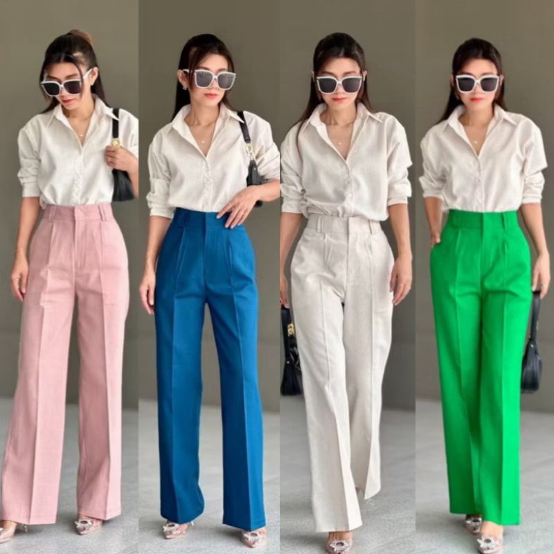 กางเกงผ้าลินินทรงขากระบอกกลางเอวสูงหูเข็มขัดคู่เก็บทรงเอวคอดสวยเป๊ะS-3XL