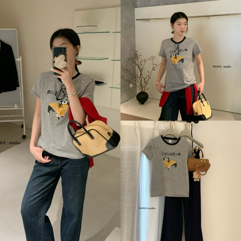 5201# เสื้อคอกลมแขนสั้นลายริ้ว สกีนลายช่วงอก  เนื้อผ้าดี ทรงใส่สบาย TAG:WG.WE 🇰🇷