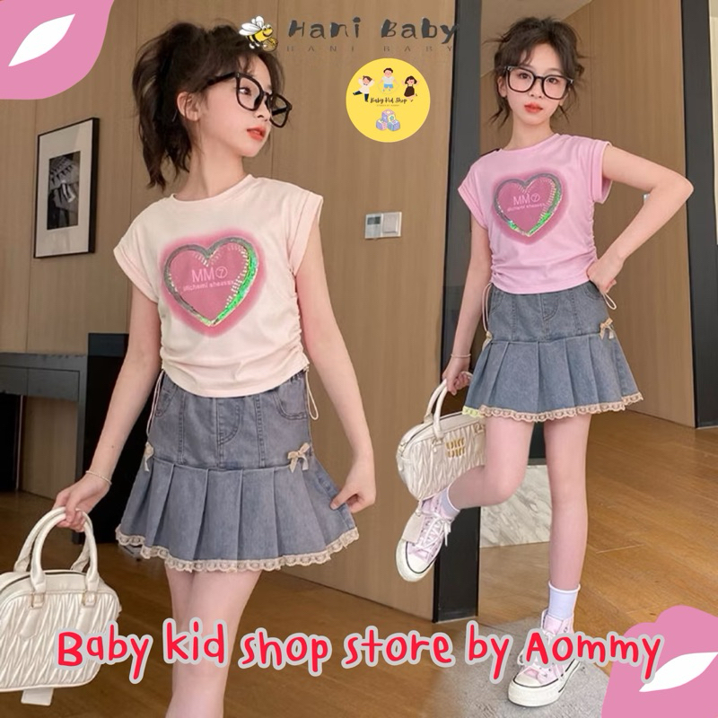 (พร้อมส่งในไทย) เสื้อยืดเด็กเลื่อมหัวใจเนื้อคอตตอน กระโปรงยีนส์วินเทจจีบแต่งโบว์สไตล์เกาหลี สำหรับเด็กผู้หญิง (แยกขาย)