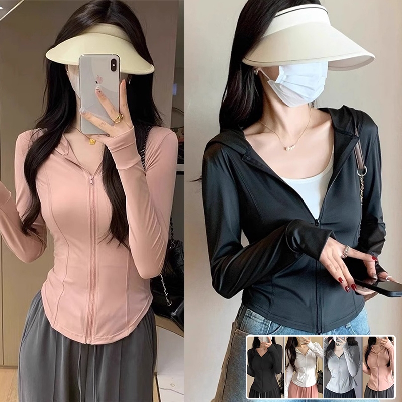 เสื้อกันแดด UV เสื้อกันยูวี สีพื้นแขนยาว ยืดหยุ่น ระบาย Yoga jacket เสื้อแจ็คเก็ตออกกำลังกาย แขนยาว มีซิปรูด รัดรูปสวย ผ