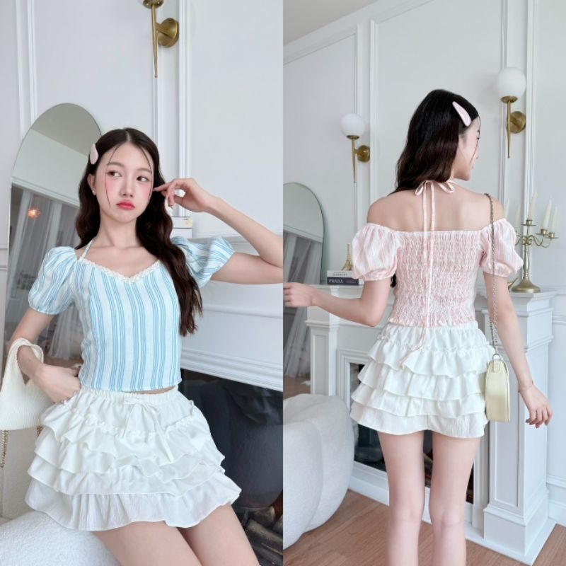 style.anda เสื้อปาดไหล่คล้องคอ ลายริ้ว สม็อคหลัง ykk13