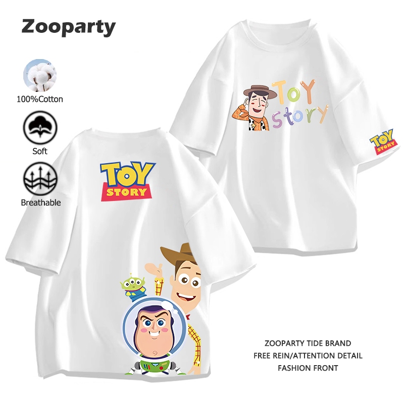 ชุดครอบครัว Toy Story 2025ใหม่ผ้าฝ้ายแท้ เสื้อยืดผู้ชายผู้หญิงและเด็ก เสื้อยืดแขนสั้นพิมพ์ลายการ์ตูน ผ้านุ่มตัดเย็บดี