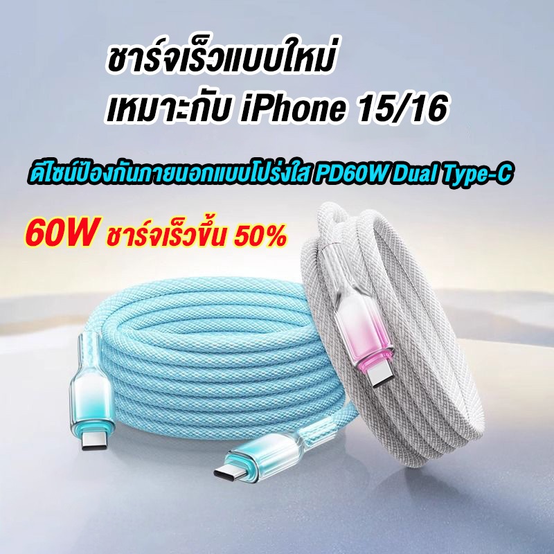 สายชาร์จเร็ว 60W สายชาร์จ 1m/2m Dual Type-C เจลใส for iPhone 15/16 samsung android สาย USB ถัก